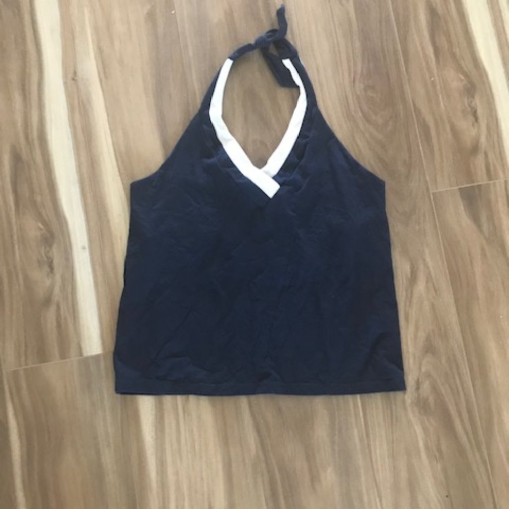 Jones NY halter top navy, white trim pullover knit